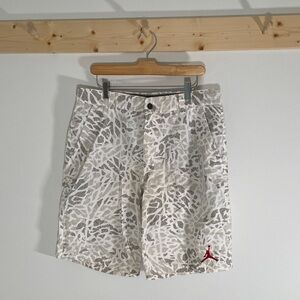 Jordan Men's White and Gray Leaf-Patterned Shorts with Red Jumpman